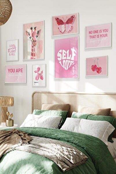 Postifull Beyaz Tablo Seti, 8 Adet Çerçeve Seti,Self Love Pembe Temalı Galeri...
