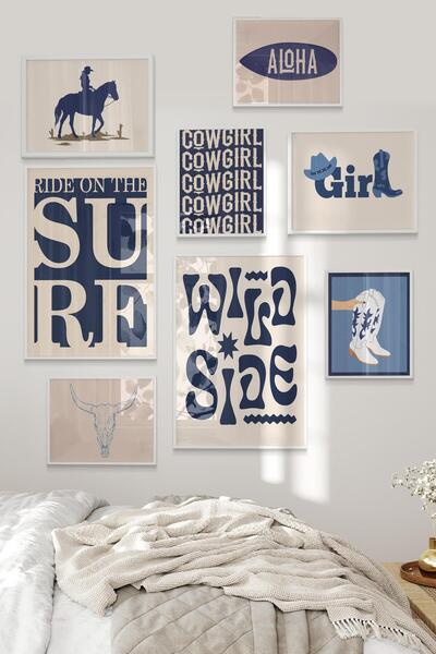 Postifull Beyaz Tablo Seti, 8 Adet Çerçeve Seti,Sörf İllustrasyon - Mavi Deniz Temalı Galeri Poster Seti NO:00