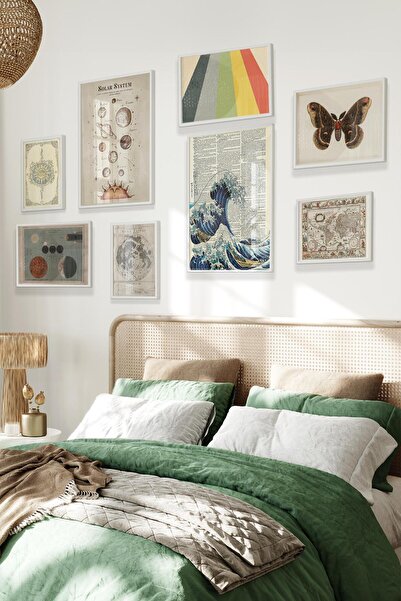 Postifull Beyaz Tablo Seti, 8 Adet Çerçeve Seti,Evren ve Vintage Temalı Galeri Poster Seti NO:026