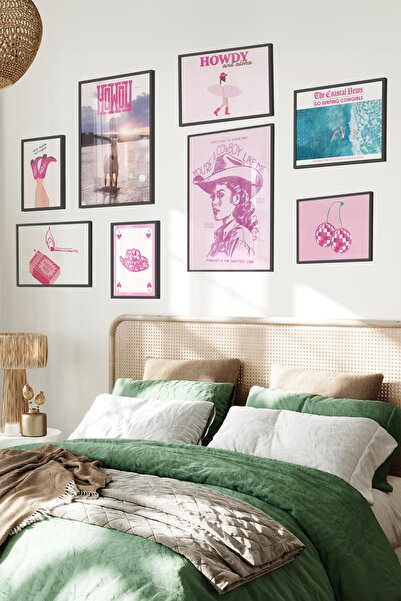 Postifull Siyah Tablo Seti, 8 Adet Çerçeve Seti,Pembe Sahil Temalı Galeri Poster Seti NO:020