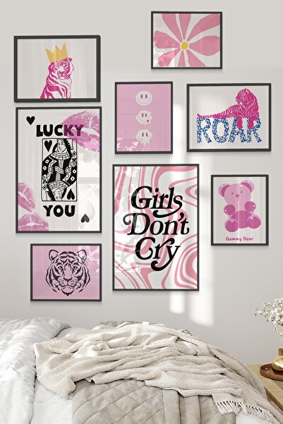 Postifull Siyah Tablo Seti, 8 Adet Çerçeve Seti,Pembe Roar ve Lucy Temalı Galeri Poster Seti NO:023