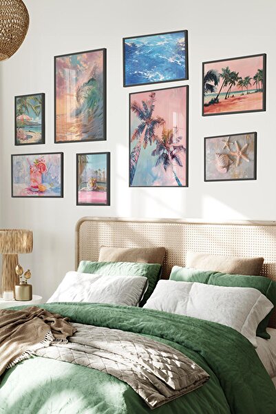 Postifull Siyah Tablo Seti, 8 Adet Çerçeve Seti,Rengarenk Sahil Temalı Galeri...