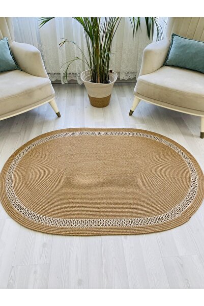 my doğa store Hasır Görünümlü Desenli Modern El Örgüsü Oval Halı Kilim