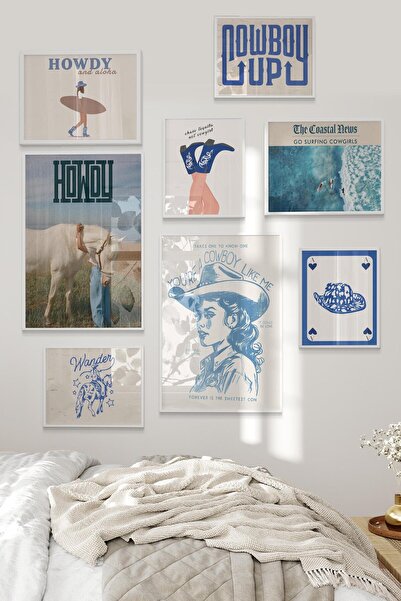 Postifull Beyaz Tablo Seti, 8 Adet Çerçeve Seti,Deniz İllustrasyon - Mavi Kovboy Temalı Galeri Poster Seti NO: