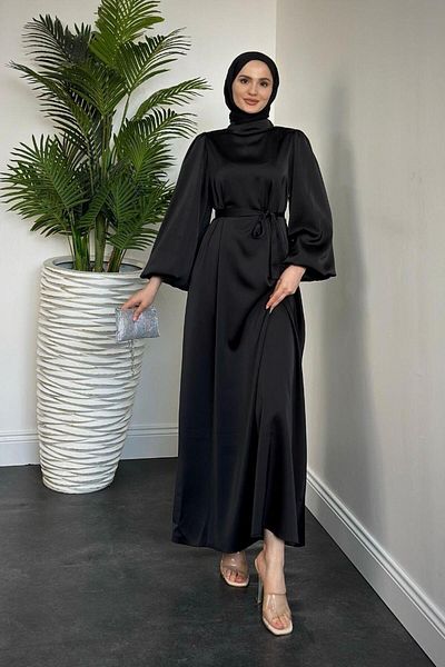 MERVEN AKYÜZ Σατέν Φόρεμα Dimitra Balloon Sleeve Μαύρο