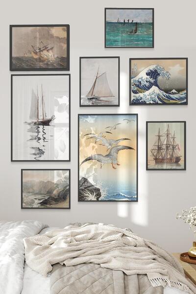 Postifull Siyah Tablo Seti, 8 Adet Çerçeve Seti,Hokusai ve Japon Sanatı Temalı Galeri Poster Seti NO:015