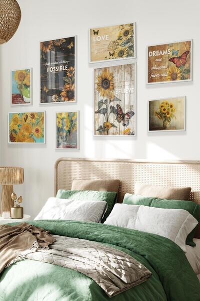 Postifull Beyaz Tablo Seti, 8 Adet Çerçeve Seti,Vintage Ayçiçeği Temalı Galeri Poster Seti NO:025