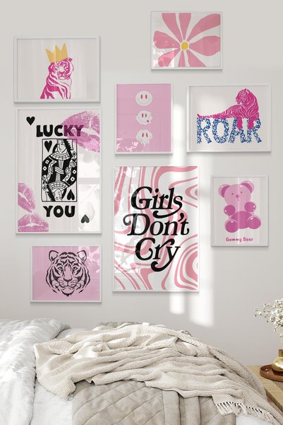 Postifull Beyaz Tablo Seti, 8 Adet Çerçeve Seti,Pembe Roar ve Lucy Temalı Galeri Poster Seti NO:023