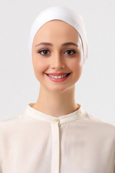 FLORA TEKSTİL White Seamless Hijab Combed Cotton Bonnet - Non-Slip, Lace-Up Bonnet 241410