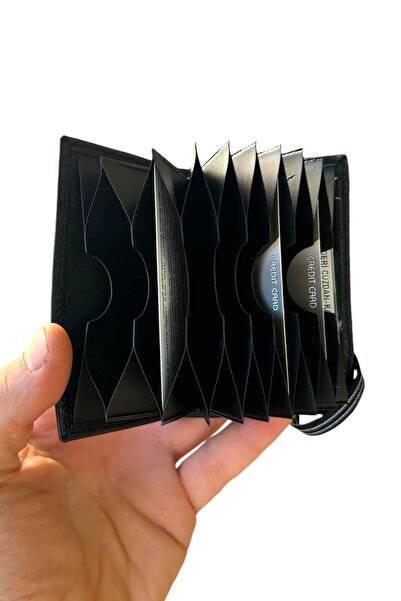 Süzer Deri Чорний шкіряний вертикальний гаманець для кредитних карток з еластичною стрічкою - SD3022