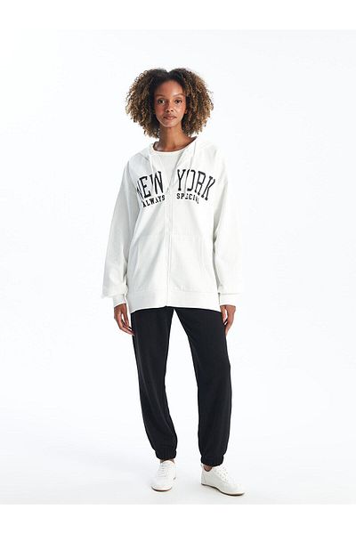 LC Waikiki Xside Hooded Printed Long Sleeve Women's Zip-Up Sweatshirt
