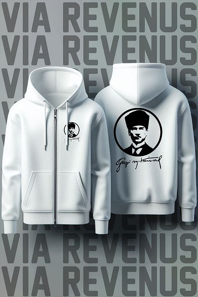 Vordevia Ataturk Front and Back Printed Unisex Zippered Hooded White Sweatshirt Cardigan