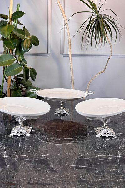 MAY HOME Luxury Porcelain Tableware Presentation Set 1 Round 2 Oval Gold Footed Dinner Cake Cookie Plate