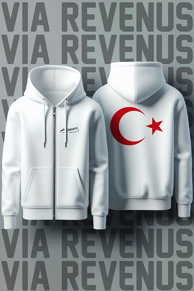 Vordevia Ataturk Signature and Moon Star Printed Unisex White Hooded Sweatshirt Cardigan