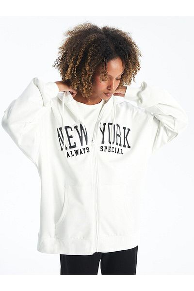 LC Waikiki Xside Hooded Printed Long Sleeve Women's Zip-Up Sweatshirt