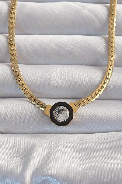 Fulya Accessories Vip Serenay 316L - Gold Colored Crushed Chain and Zircon Stone Detailed Enamel Necklace