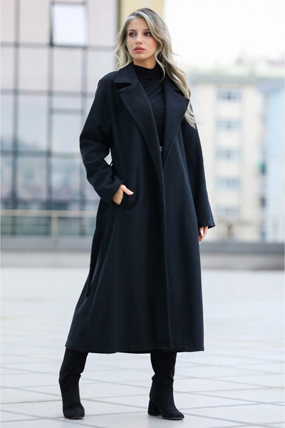 Modark Black Belted Lined Long Stamp Coat