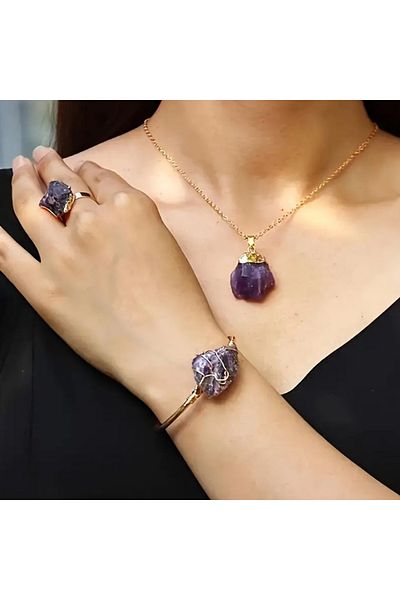 Store Raw Amethyst Necklace Bracelet Ring 3 Pieces Jewelry Set