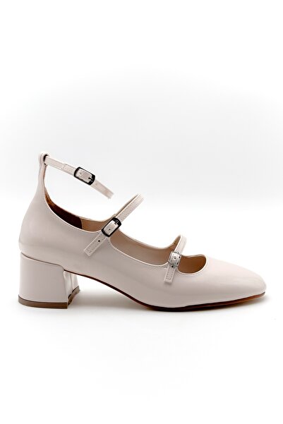 Shoebutik Charlize Beige Patent Leather Three-Stripe Detail Women's Heeled Shoes