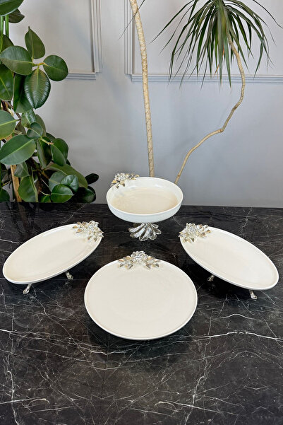 MAY HOME 4 Parça Bron Gümüş Porselen Sofra Sunum Servis Seti & Yemek Tabağı Salata Kasesi Oval Meze Tabağı