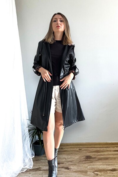 Gökcan Butik Suni Deri Kapüşonlu Siyah Trençkot