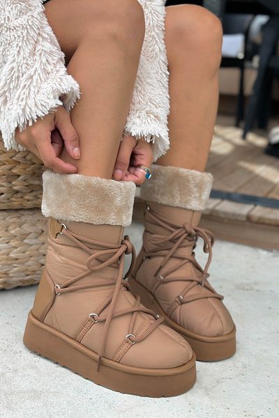 Shoebutik Avila Tan Lace Detail Plush Parachute Women's Boots