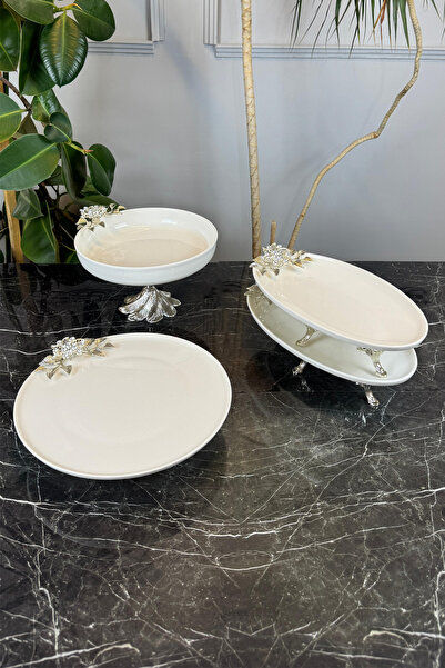 MAY HOME 4 Parça Bron Gümüş Porselen Sofra Sunum Servis Seti & Yemek Tabağı Salata Kasesi Oval Meze Tabağı