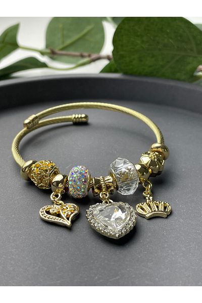 Poison Accessories 's Heart Detailed White Zircon Stone Gold Steel Bracelet