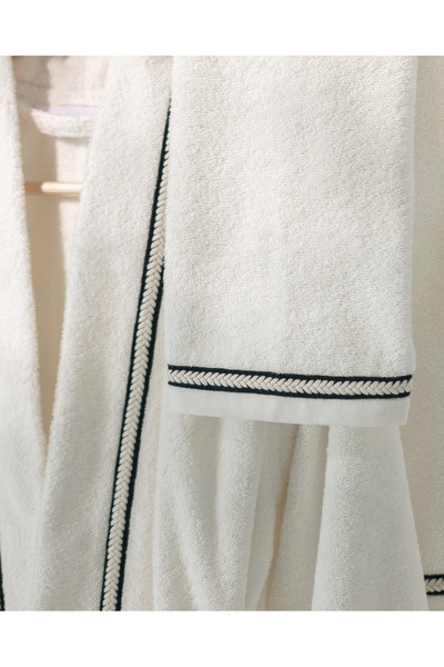 Madame Coco Rouen 100% Cotton Unisex Bathrobe - Ecru/Black - Luxury Collection