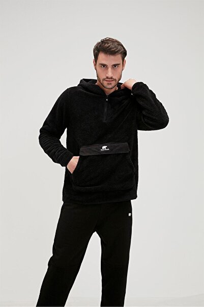 Bad Bear Inuit Plush Hoodie Black Plush Kangaroo Pocket Men's Hooded Sweatshirt