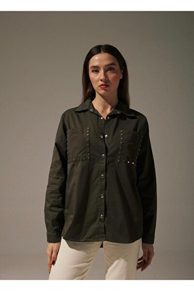 AXSİNE Butik Oversize Cep Detaylı Zımbalı Çıt Çıtlı Haki Gömlek