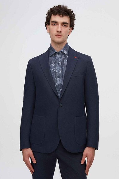 Twn Navy Blue Slim Fit Dobby Blazer Jacket
