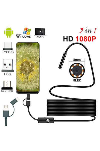 Choice كابل مرن بطول 5 أمتار، كاميرا منظار داخلي جديدة بقطر 8 مم، دقة 1080 بكسل عالية الوضوح، منظار داخلي USB مزود بـ 8 مصابيح LED، كابل مرن بطول 1/2/5 أمتار، مقاوم للماء