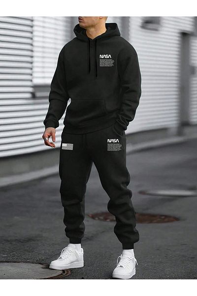 MODARİCH Nasa Flag Patterned Black Jogger Tracksuit Set - Hooded