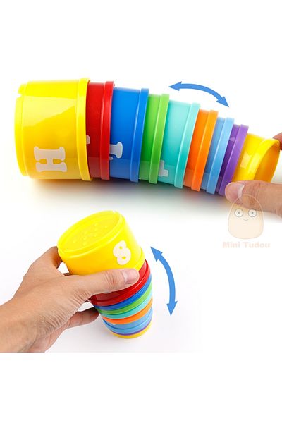 Mini Tudou ألعاب تعليمية للأطفال من عمر 6 أشهر، مكونة من 9 قطع باللون الأصفر، أشكال وحروف قابلة للطي وأكواب وأبراج للأطفال في سن مبكرة