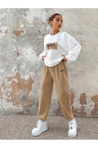 MODARİCH Nasa Designed Crew Neck Jogger Tracksuit Set - White Beige Printed Sweatshirt and Bottoms