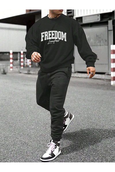 MODARİCH Freedom Jogger Sweatpants - Black Printed Crew Neck Set