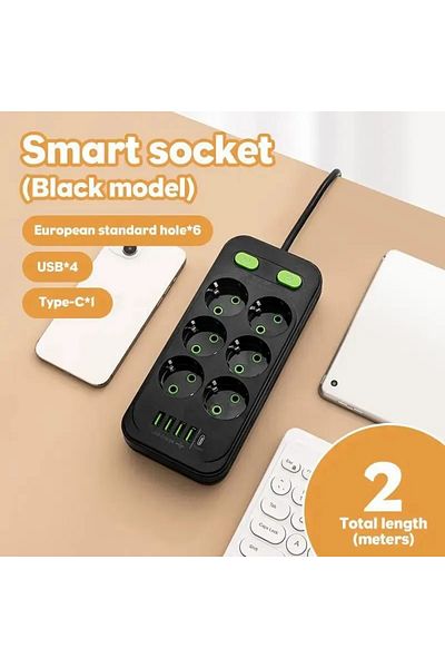 XMSJ Eu Black Electrical Socket Eu Plug 6ac Outlet Multitap Power Strip Extension Cord Smart Usb Home Off