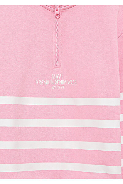 Mavi Yarı Fermuarlı Çizgili Pembe Sweatshirt 7s10065-71027