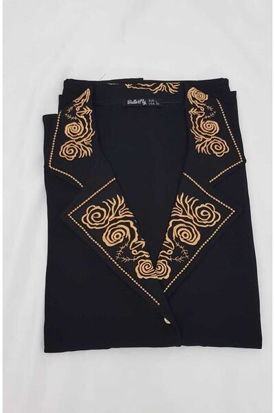 TRENDBUTİKOFFİCİAL Γυναικείο μαύρο κεντημένο πουκάμισο