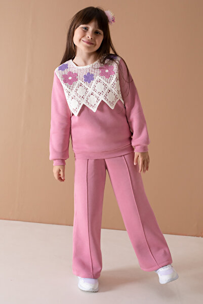 Cansın Mini Σετ κοριτσίστικη φόρμα ροζ δαντέλα με λεπτομέρεια Raster 19701