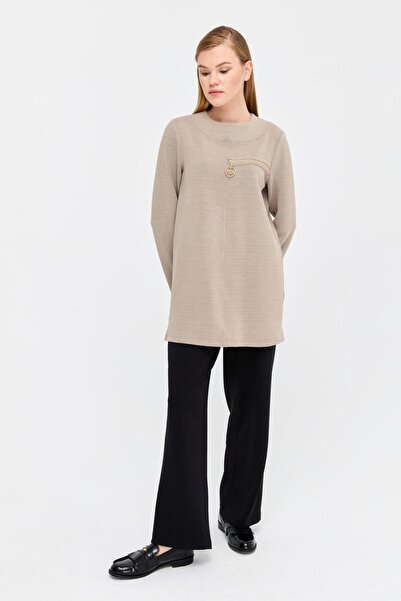 Esswaap Pike Dokulu Fermuar Detaylı Tunik Vizon