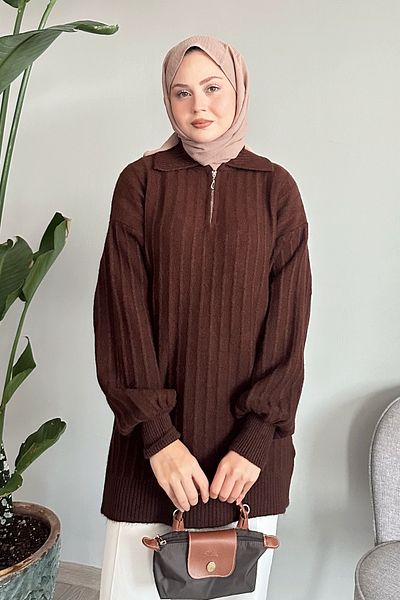 InStyle Zippered Plush Bitter Brown Knitwear Sweater