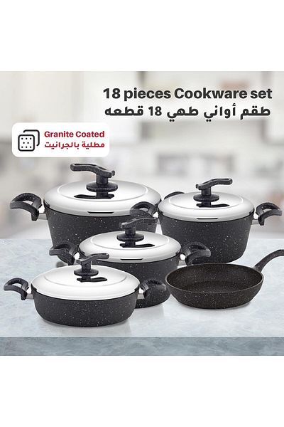 MISTERCOOK Mister Cook 18-piece Black Granite Cookware Set – 4 Casseroles With Steel Lids