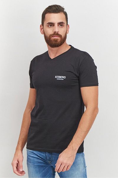 Iceberg Men V-neck Short Sleeve Brand Logo T-shirt, Black