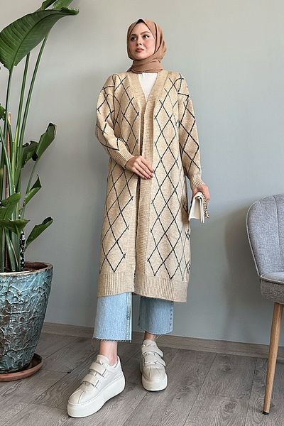 InStyle Baklava Pattern Long Beige Knitwear Cardigan