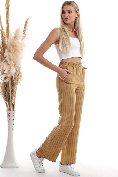 Cotton Mood 20333459 Linen Stripe Patterned Pocket Trousers Mustard