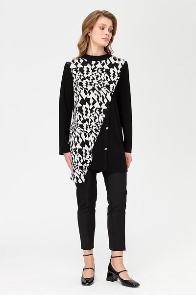 Esswaap Geometric Pattern Combination Asymmetric Pattern Tunic Black