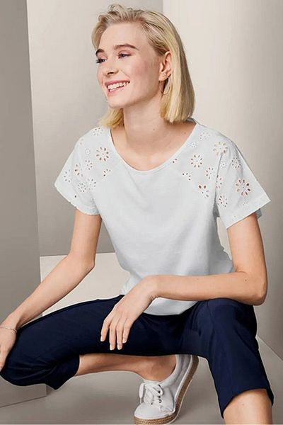 Tchibo Women Short Sleeve Embroidered Top, White
