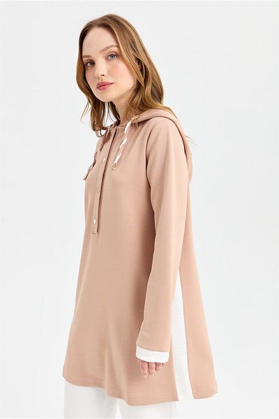 Esswaap Powder Color Stripe Detailed Hooded Tunic